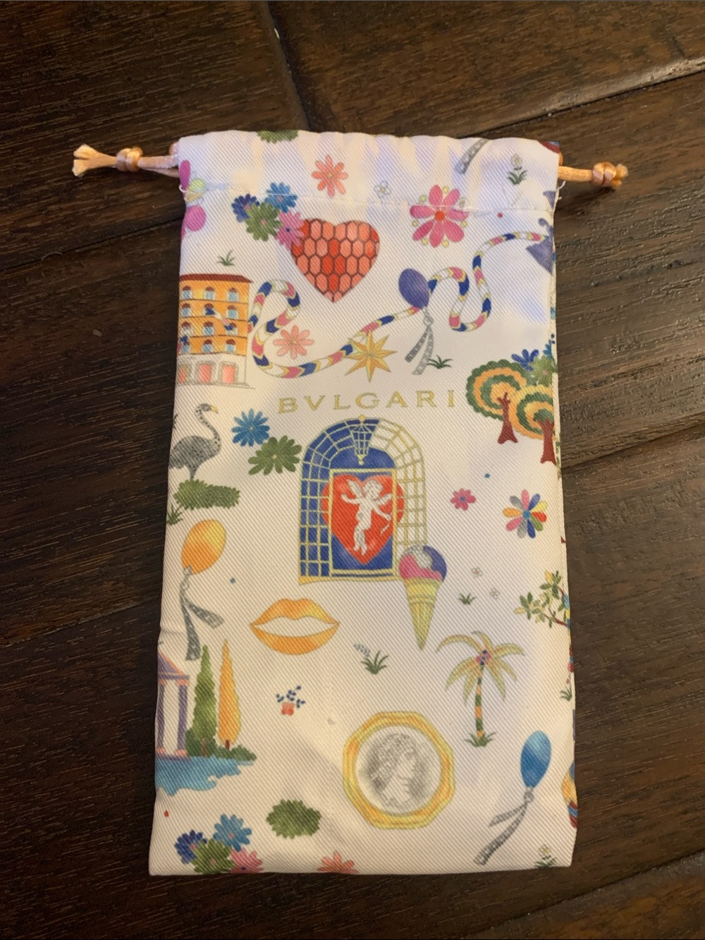 Bulgari White Drawstring Pouch with Multicolor Motifs